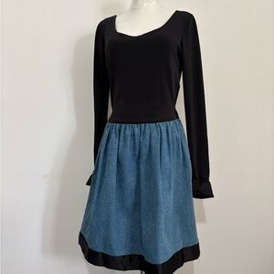Vintage, A.B.S., Black & Blue Scoop Neck Poly/Denim Dress, Size 10
